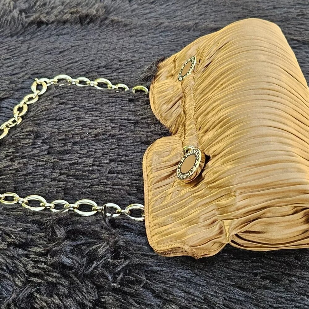BVLGARI Handbag Metallic Brown Pleated Satin Clutch Gold Tone Hardware Purse - Picture 2 of 12
